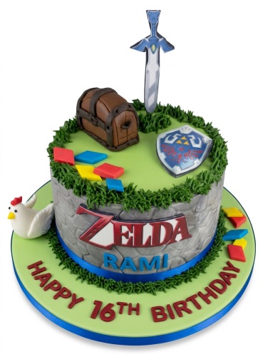 Round Zelda themed birthday cake with Master Sword, Hylian Shield, treasure chest, and cucco decorations.