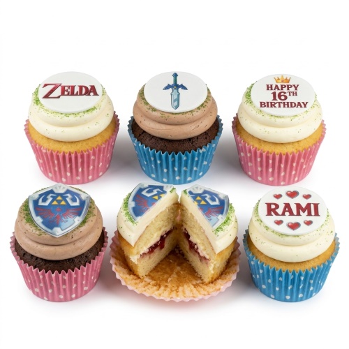Legend of Zelda themed cupcakes with Master Sword and Hylian Shield toppers, and custom age/name examples.