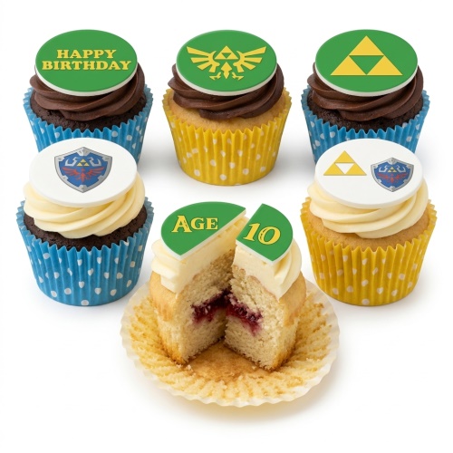A set of Zelda themed cupcakes with game symbols, "Happy Birthday" and a custom age topper.