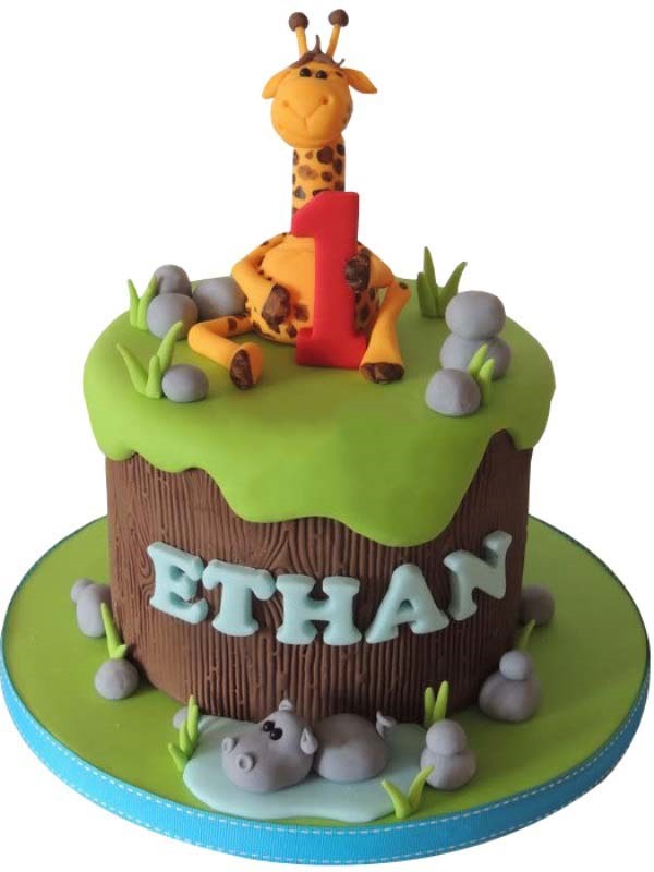 Giraffe Topped Jungle Theme Birthday Cake for Kids