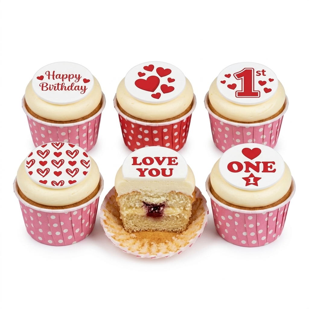 1st Birthday Cupcakes with Heart Toppers