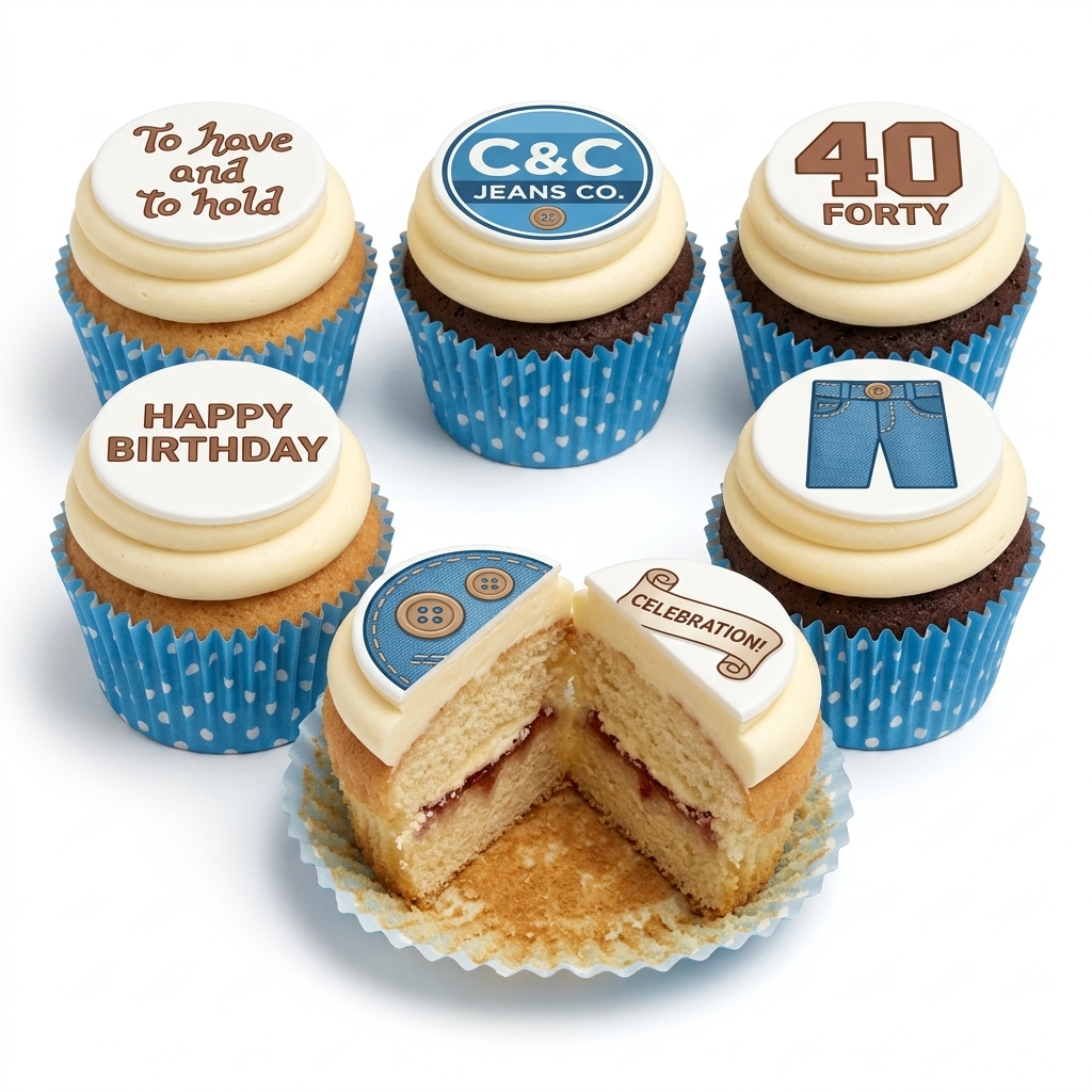 Denim Theme Birthday Cupcakes with Custom Toppers