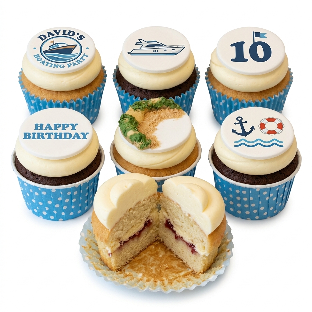 Boating Theme Birthday Cupcakes with Custom Toppers