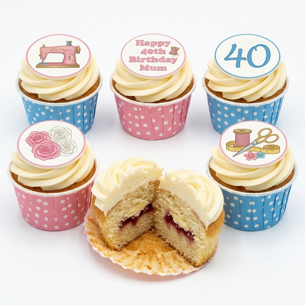 Sewing Theme Birthday Cupcakes with Custom Age Toppers