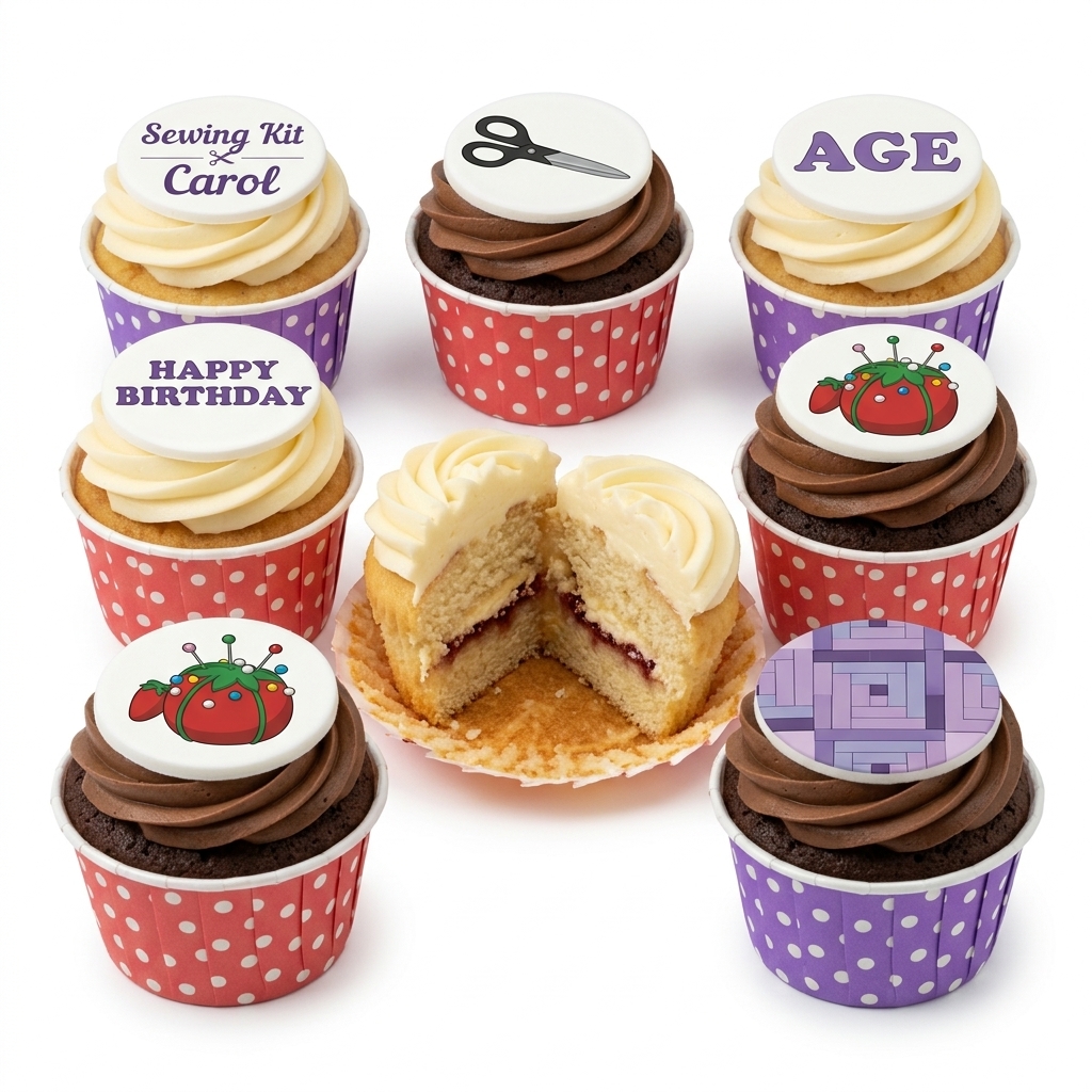 Sewing Theme Birthday Cupcakes with Custom Toppers
