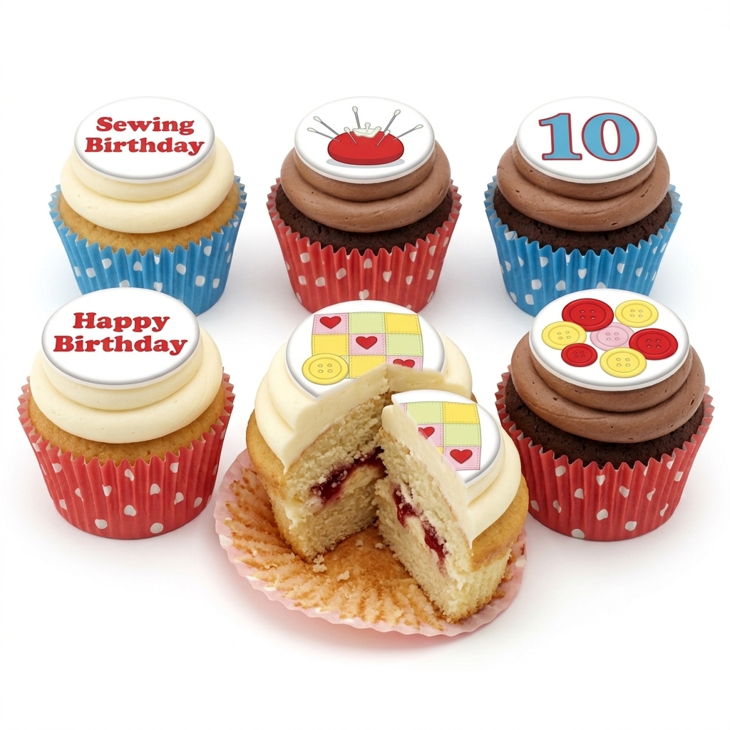 Sewing Theme Birthday Cupcakes with Custom Age Topper