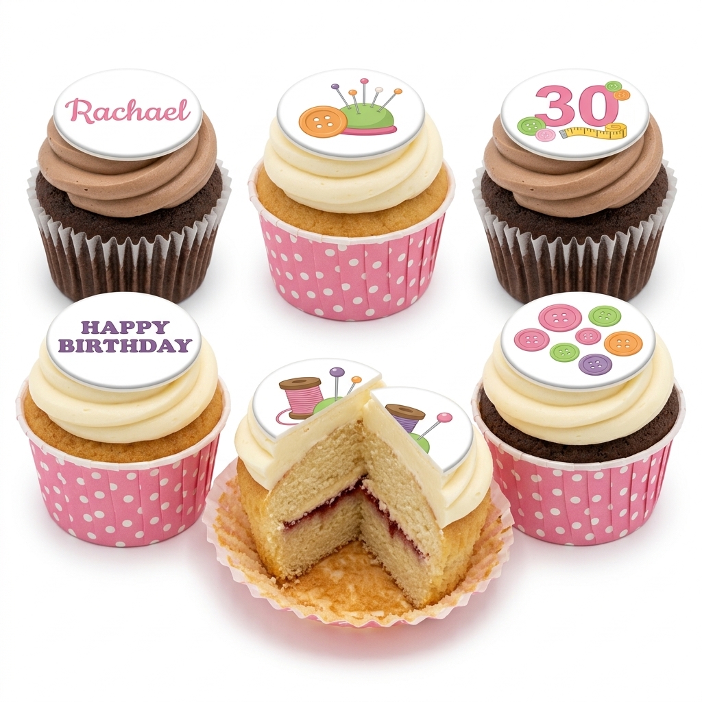 Sewing Theme Birthday Cupcakes with Custom Toppers