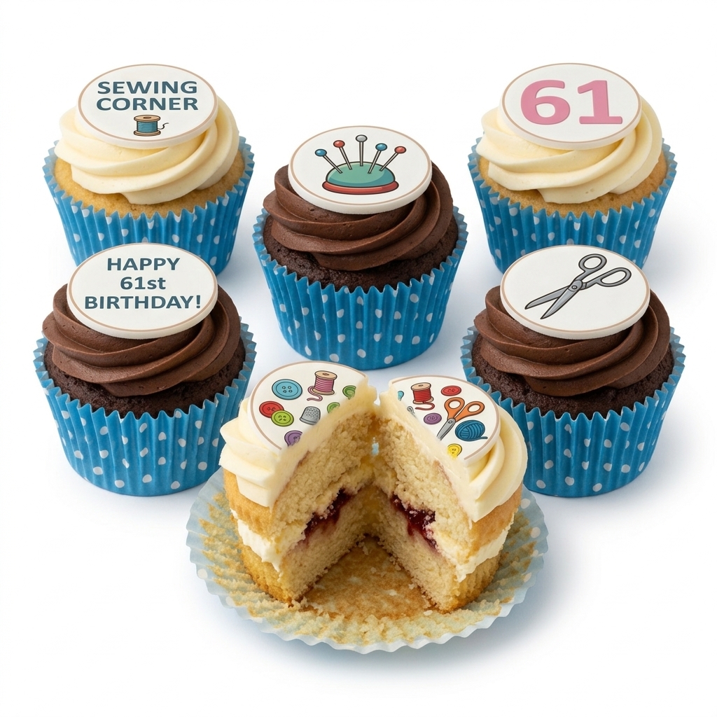 Sewing Theme Birthday Cupcakes with Custom Age Topper