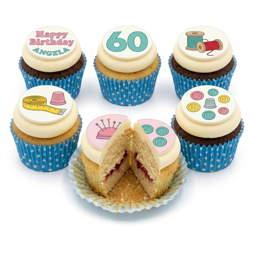 Sewing Theme Birthday Cupcakes with Custom Age Topper