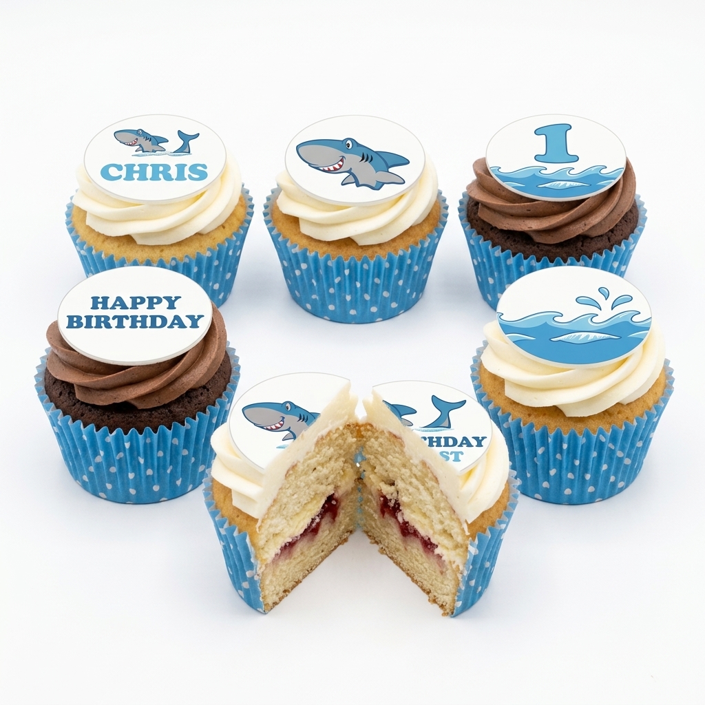 Shark Theme Birthday Cupcakes with Custom Age Topper