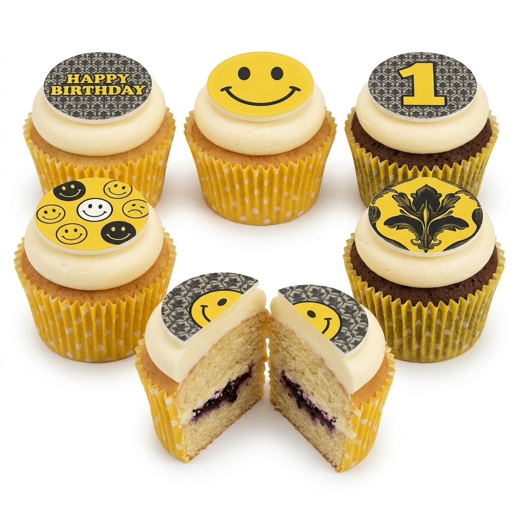 Smiley Face Birthday Cupcakes with Custom Age Topper