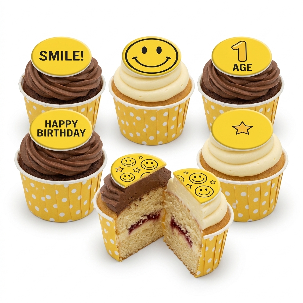 Smiley Face Birthday Cupcakes with Custom Age Topper
