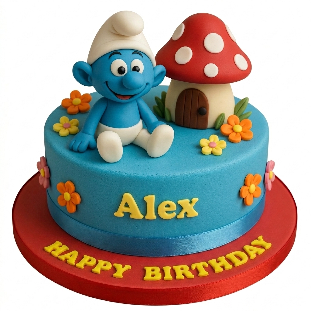 Smurf Theme Birthday Cake with Personalised Name