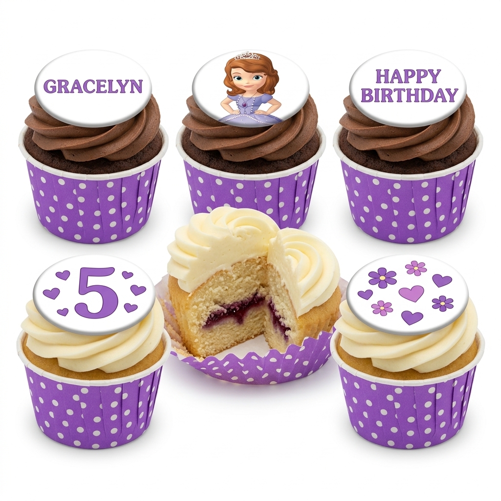 Sofia the First Birthday Cupcakes with Custom Toppers