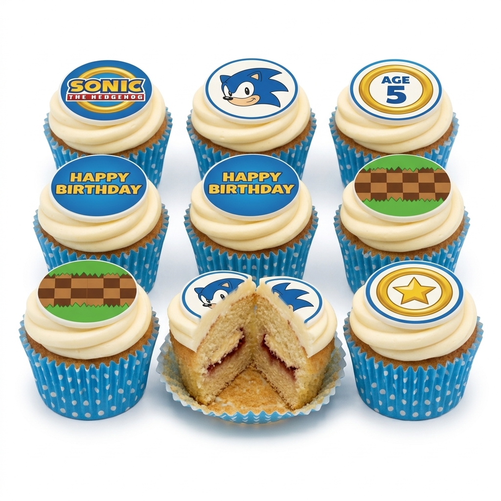 Sonic the Hedgehog Birthday Cupcakes with Custom Age Toppers