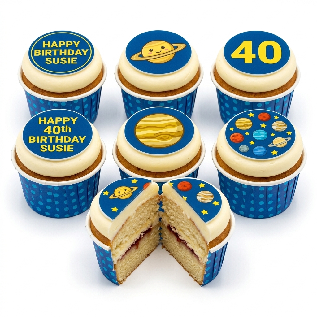 Space Theme Birthday Cupcakes with Custom Toppers