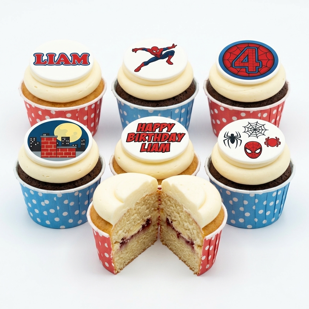 Spiderman Birthday Cupcakes with Custom Age Topper