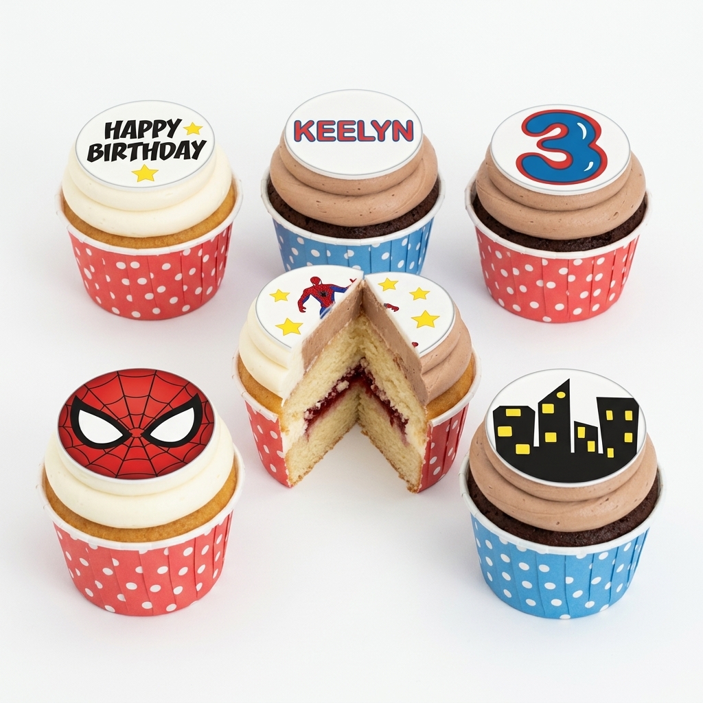 Spiderman Birthday Cupcakes with Custom Age & Name
