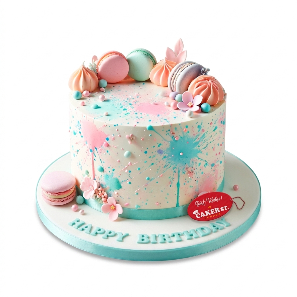 Floral Birthday Cake with Macarons & Splatter Design