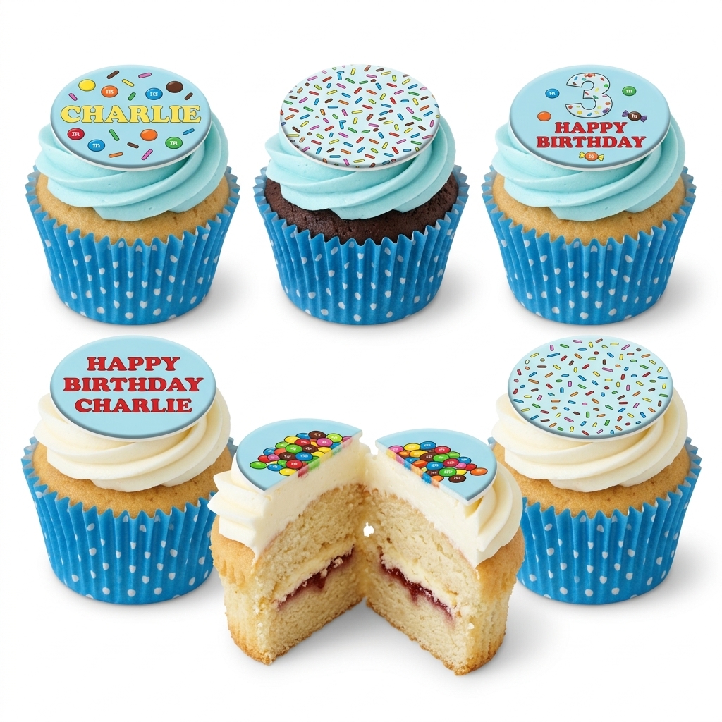 M&M's Theme Birthday Cupcakes with Custom Toppers