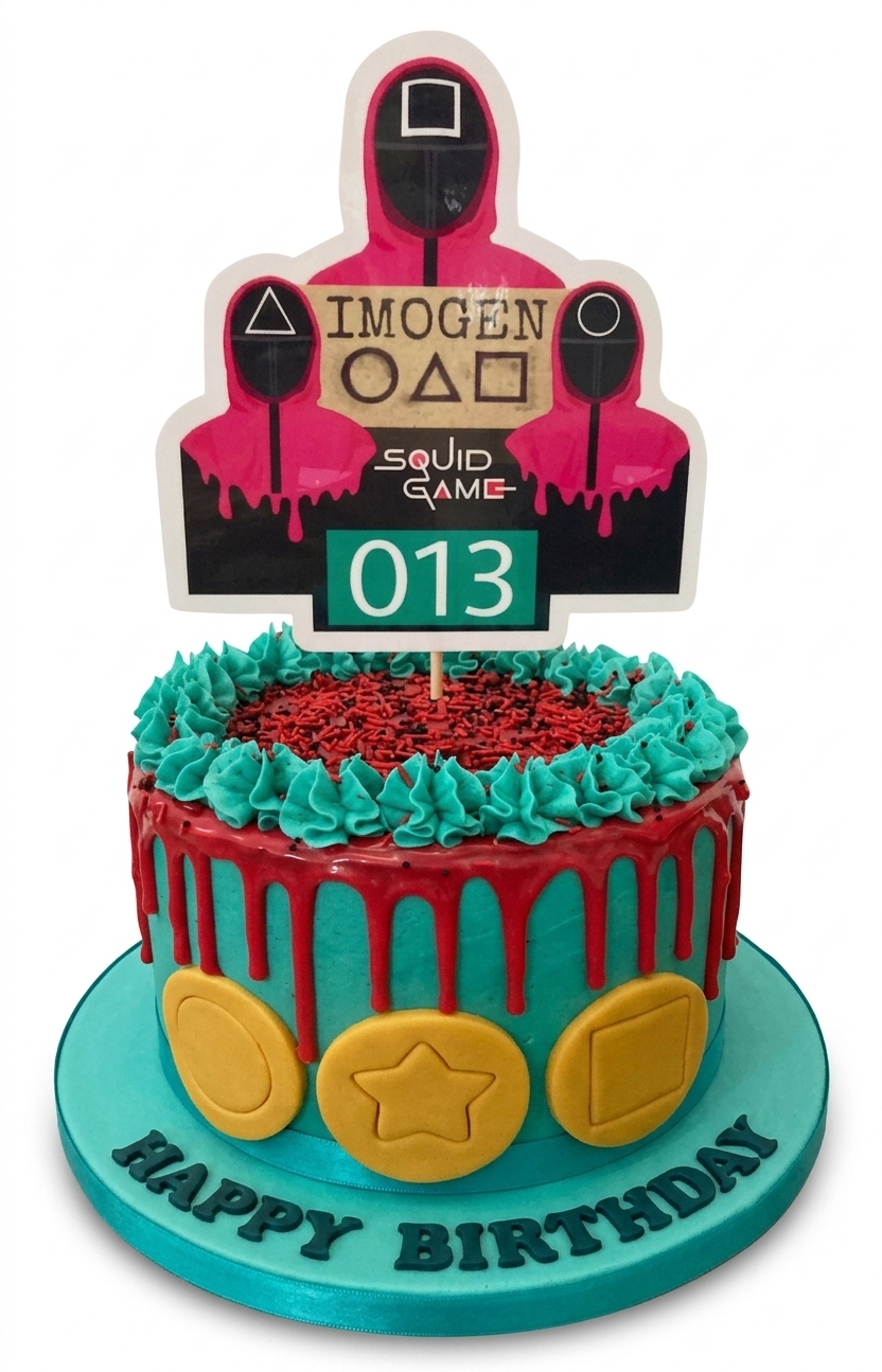 Squid Game Birthday Cake with Custom Topper
