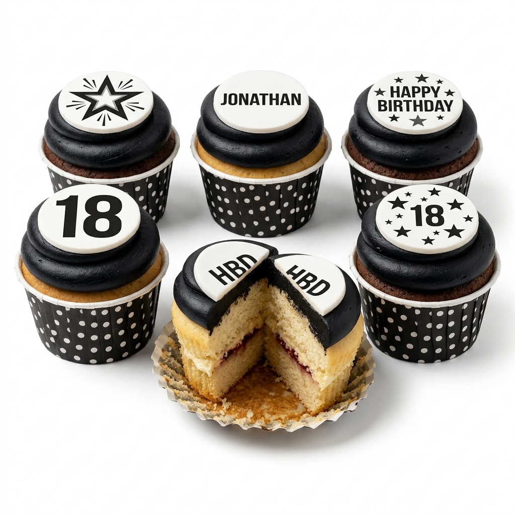 Black and White Birthday Cupcakes with Custom Toppers