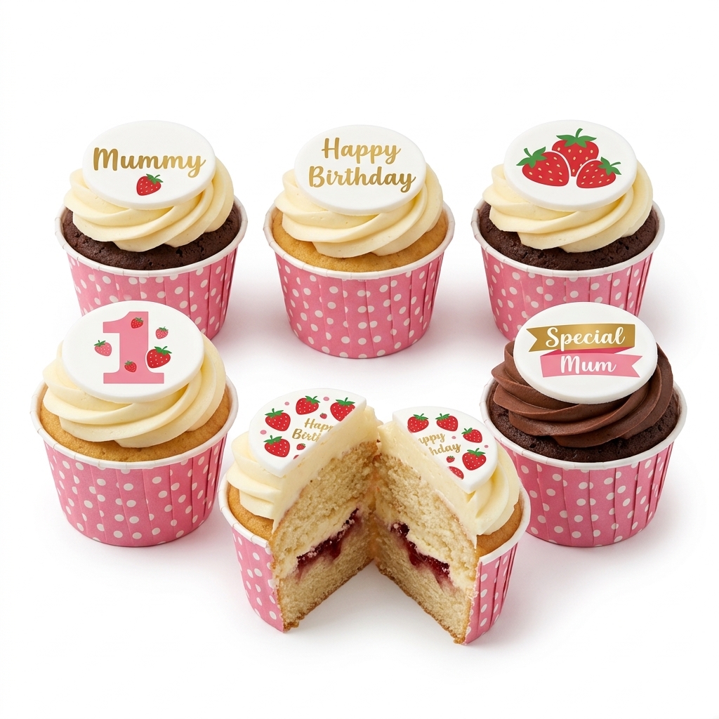 Strawberry Birthday Cupcakes with Custom Toppers