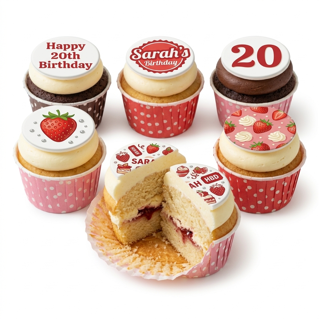 Strawberry Birthday Cupcakes with Custom Toppers