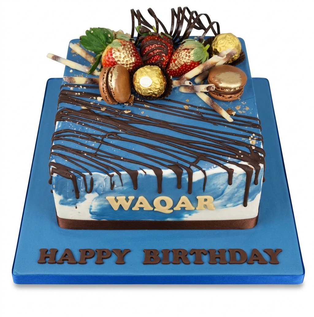 Luxury Blue Drip Birthday Cake with Strawberries & Macarons