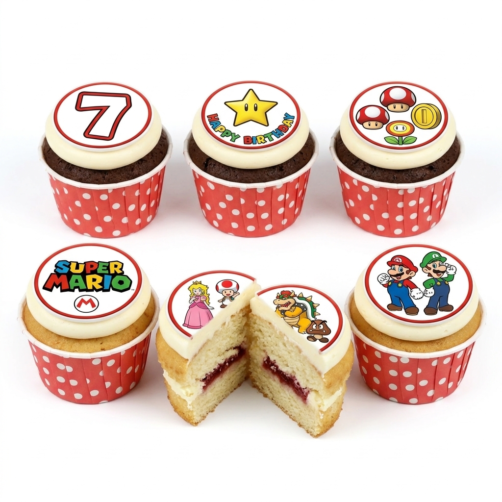 Super Mario Birthday Cupcakes with Custom Age Topper