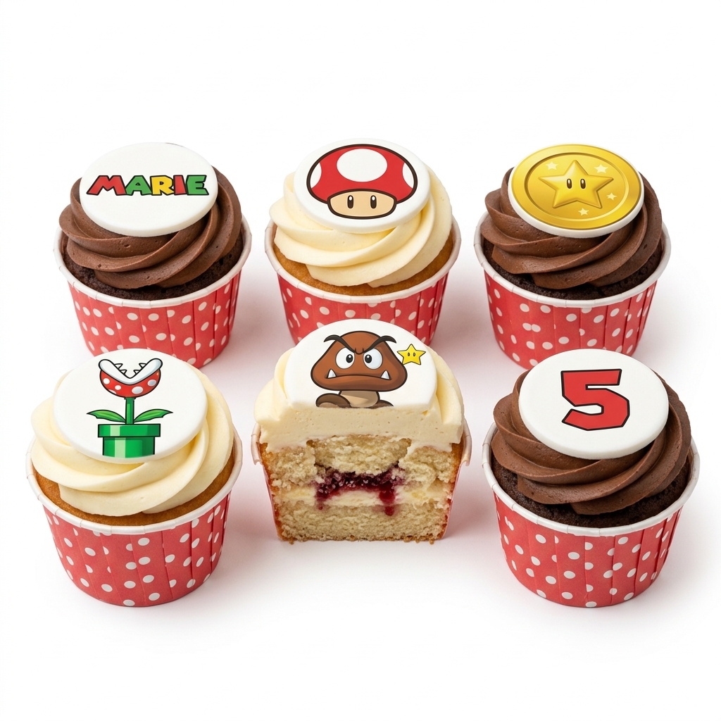 Super Mario Birthday Cupcakes with Custom Toppers