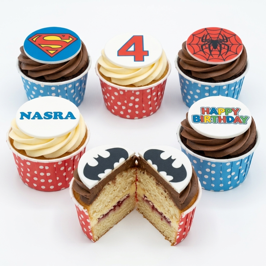 Superhero Birthday Cupcakes with Custom Toppers