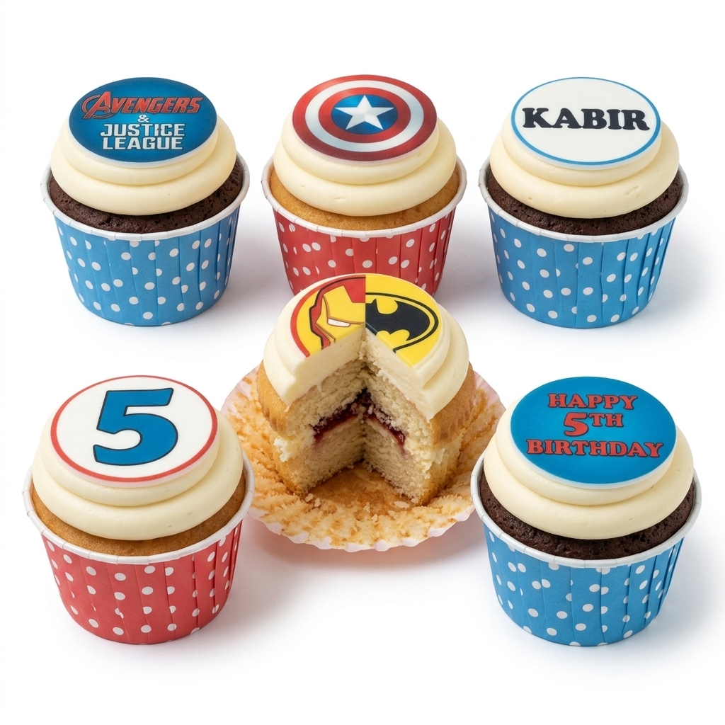 Kids Superhero Birthday Cupcakes with Custom Toppers
