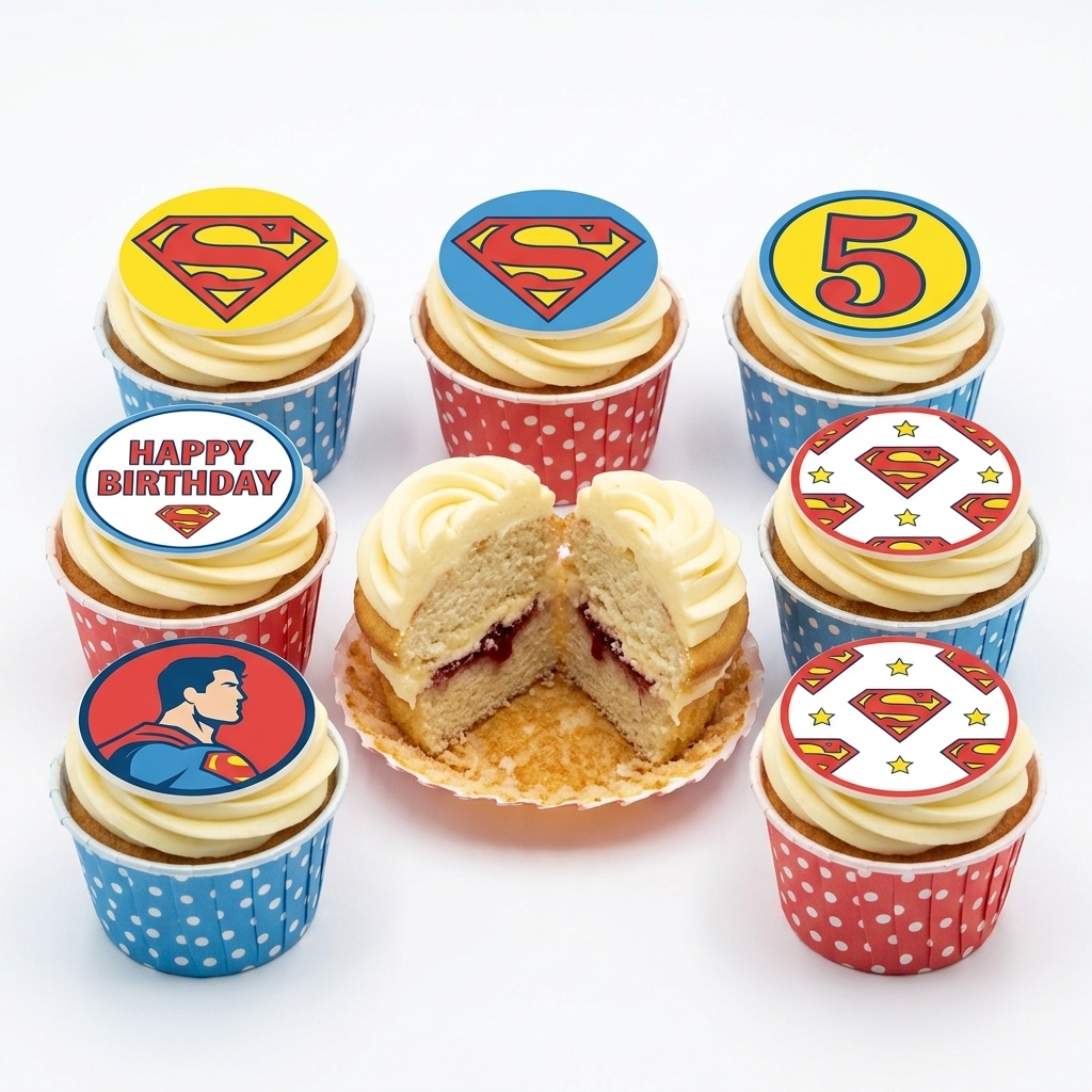 Superman Birthday Cupcakes with Custom Age Topper