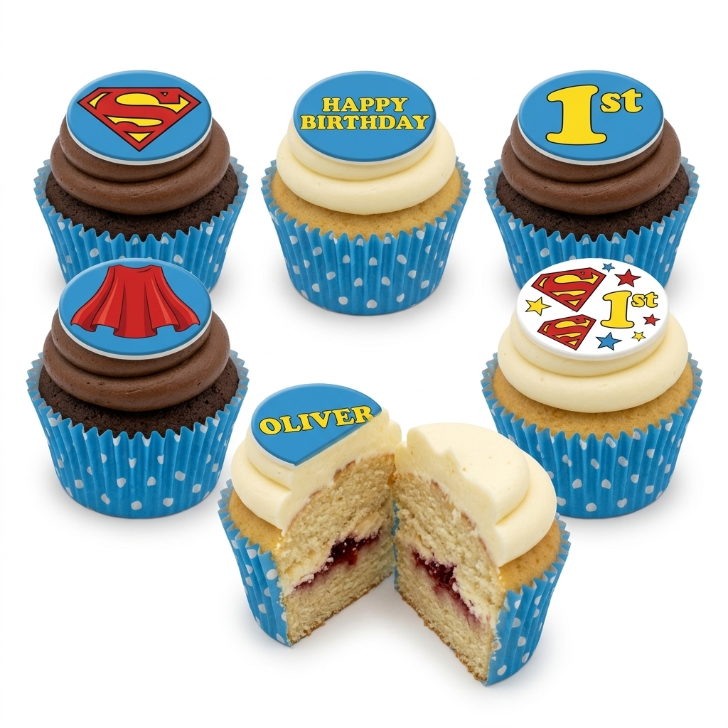 Superman Birthday Cupcakes with Custom Toppers