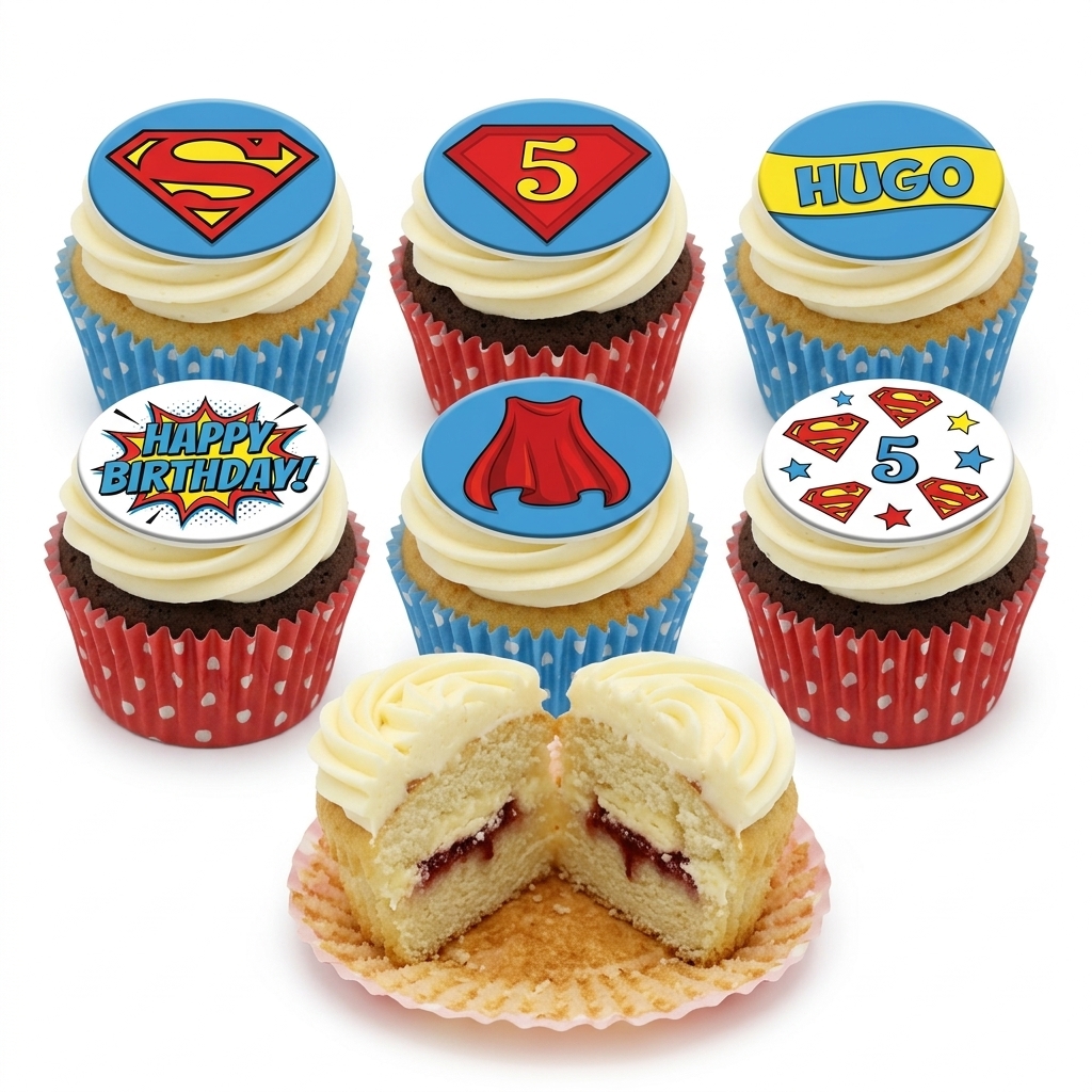 Superman Birthday Cupcakes with Custom Toppers