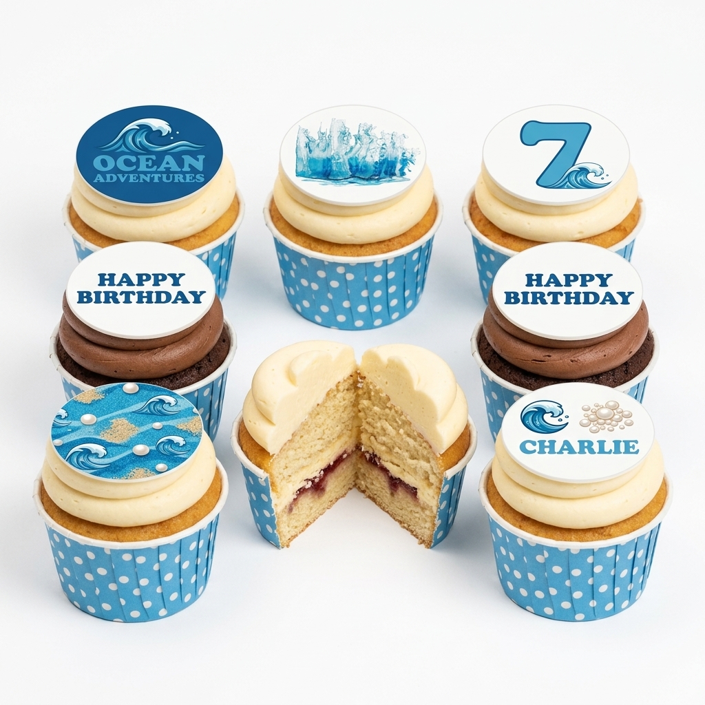 Ocean Theme Birthday Cupcakes with Custom Toppers