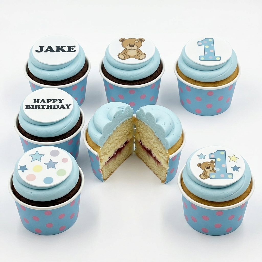 1st Birthday Cupcakes for Boys with Teddy Bear & Stars