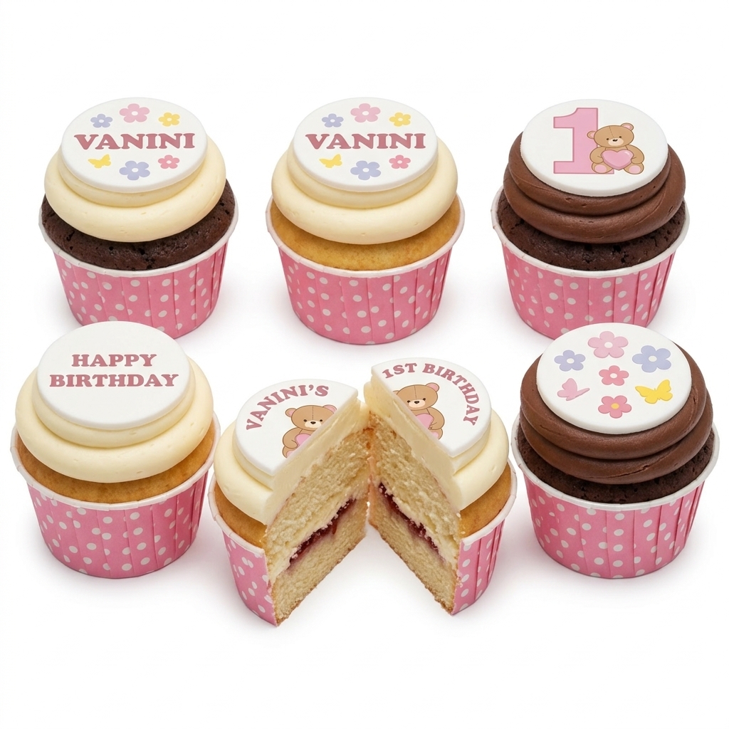 Pink Teddy Bear & Floral 1st Birthday Cupcakes for Girls