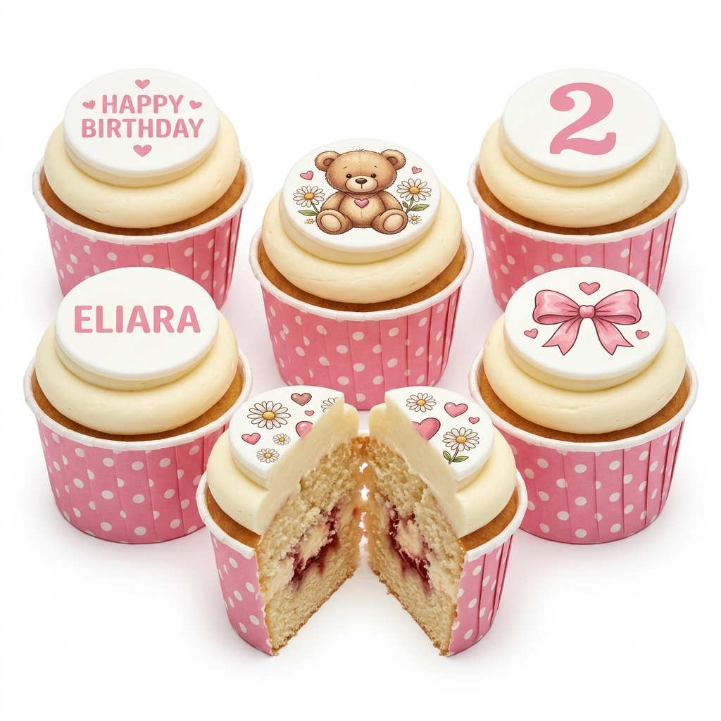 Teddy Bear Birthday Cupcakes with Personalised Name & Age
