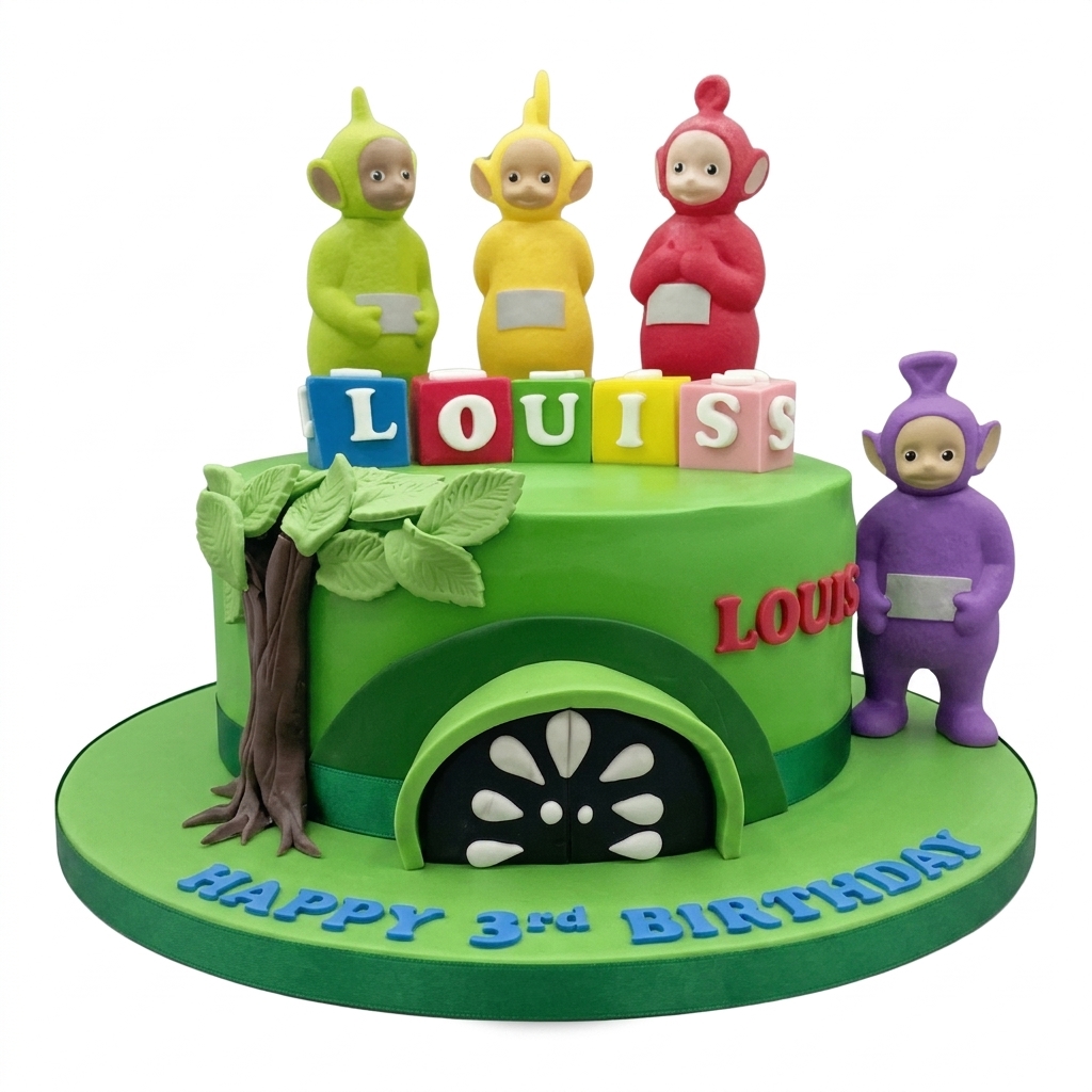 Teletubbies Kids Birthday Cake with Custom Name & Age