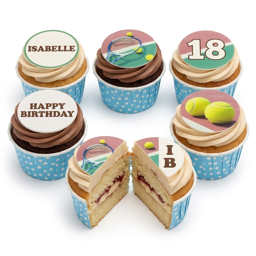 Tennis Theme Birthday Cupcakes with Custom Toppers
