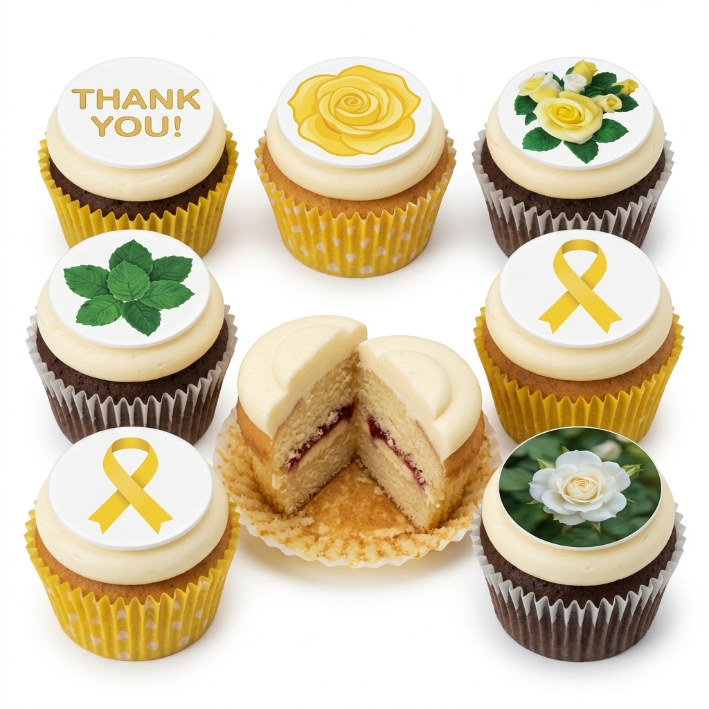 Thank You Cupcakes with Yellow Roses & Ribbons