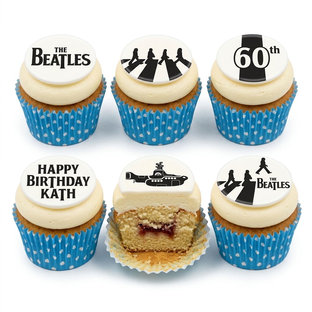 The Beatles Theme Birthday Cupcakes with Custom Toppers