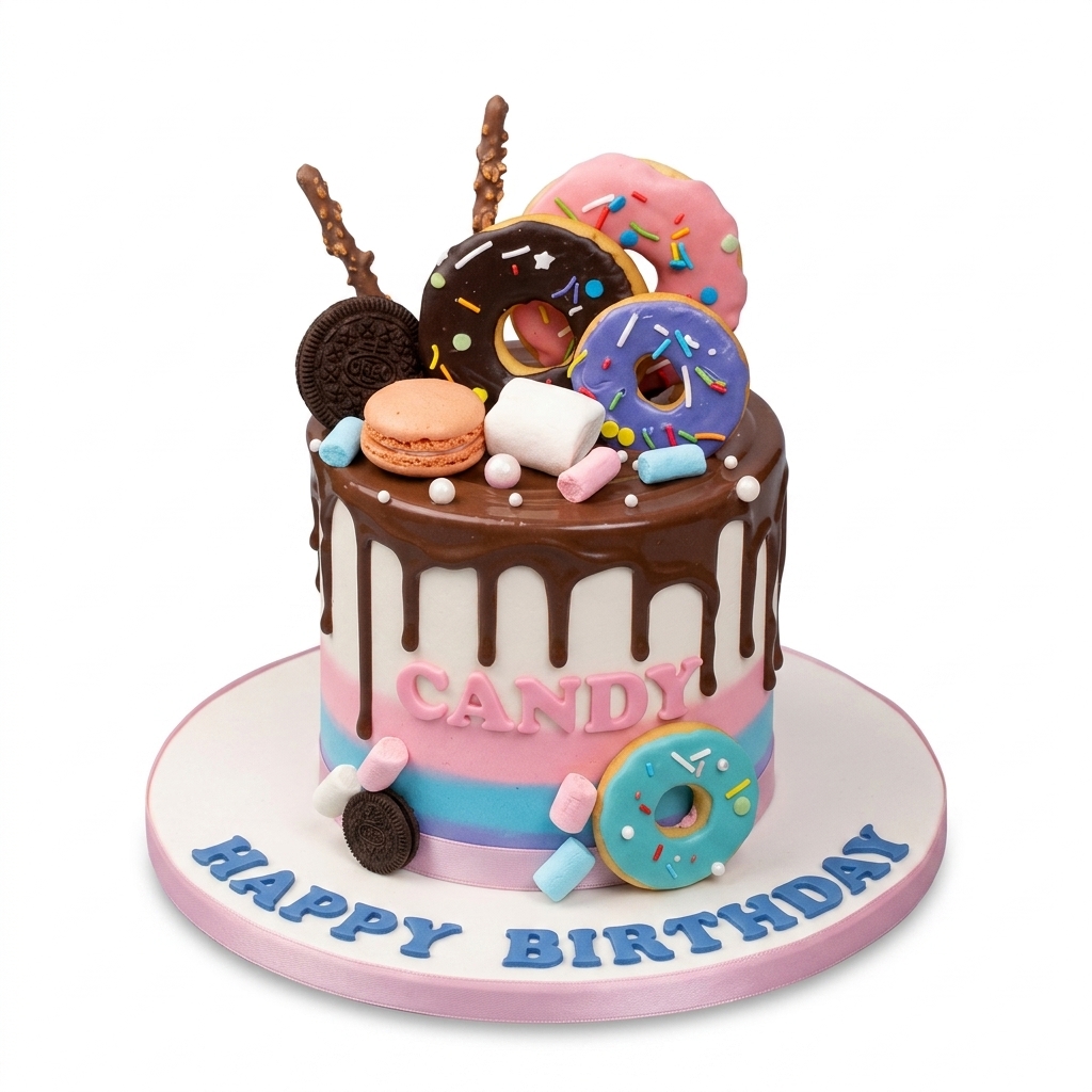 Candy Drip Birthday Cake with Donuts & Sweets