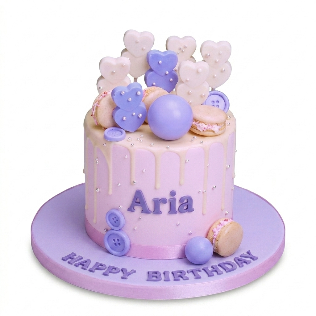 Pastel Hearts & Macarons Drip Birthday Cake For Her