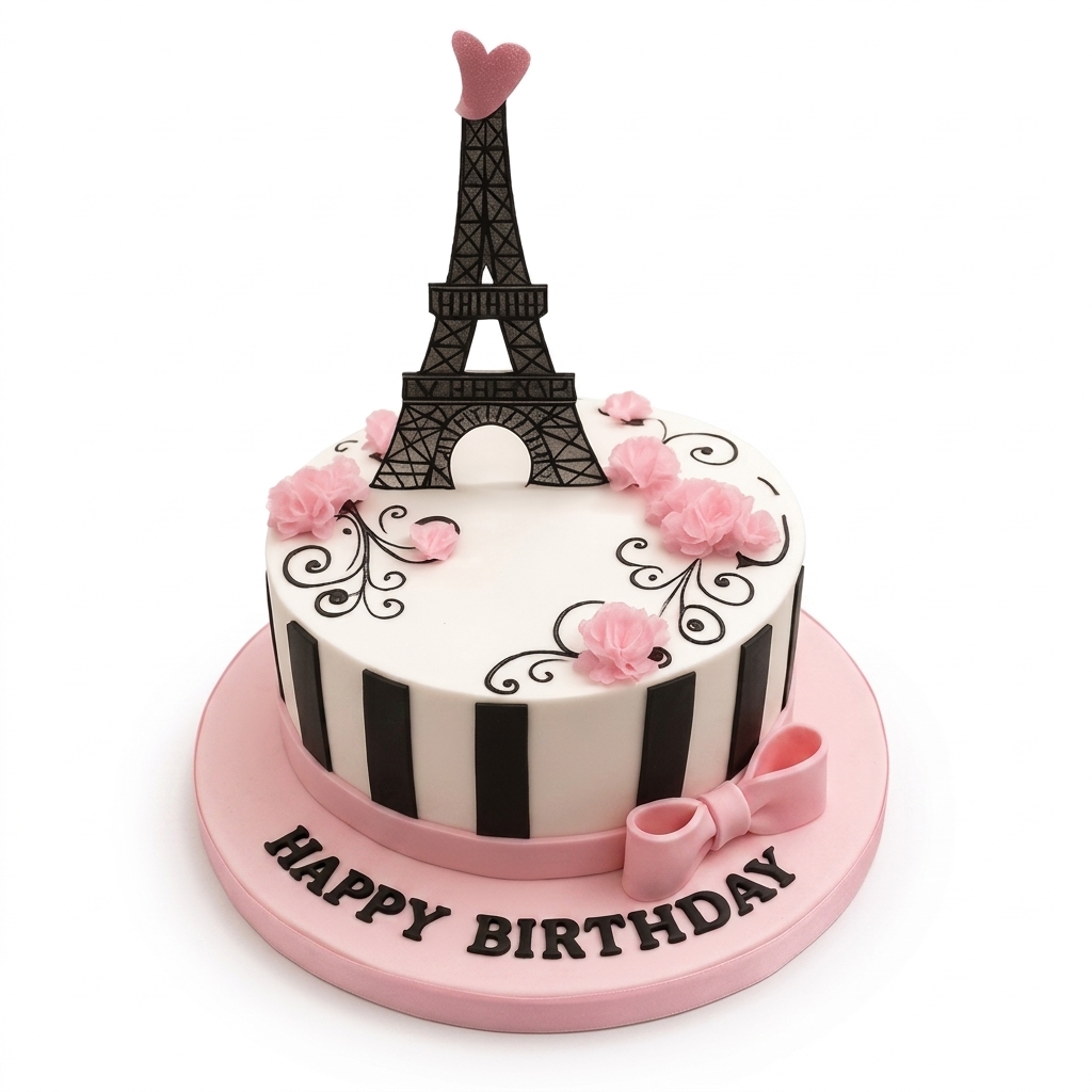 Paris Theme Birthday Cake with Eiffel Tower & Bow