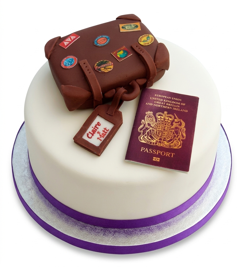 Travel Theme Birthday Cake with Passport & Suitcase
