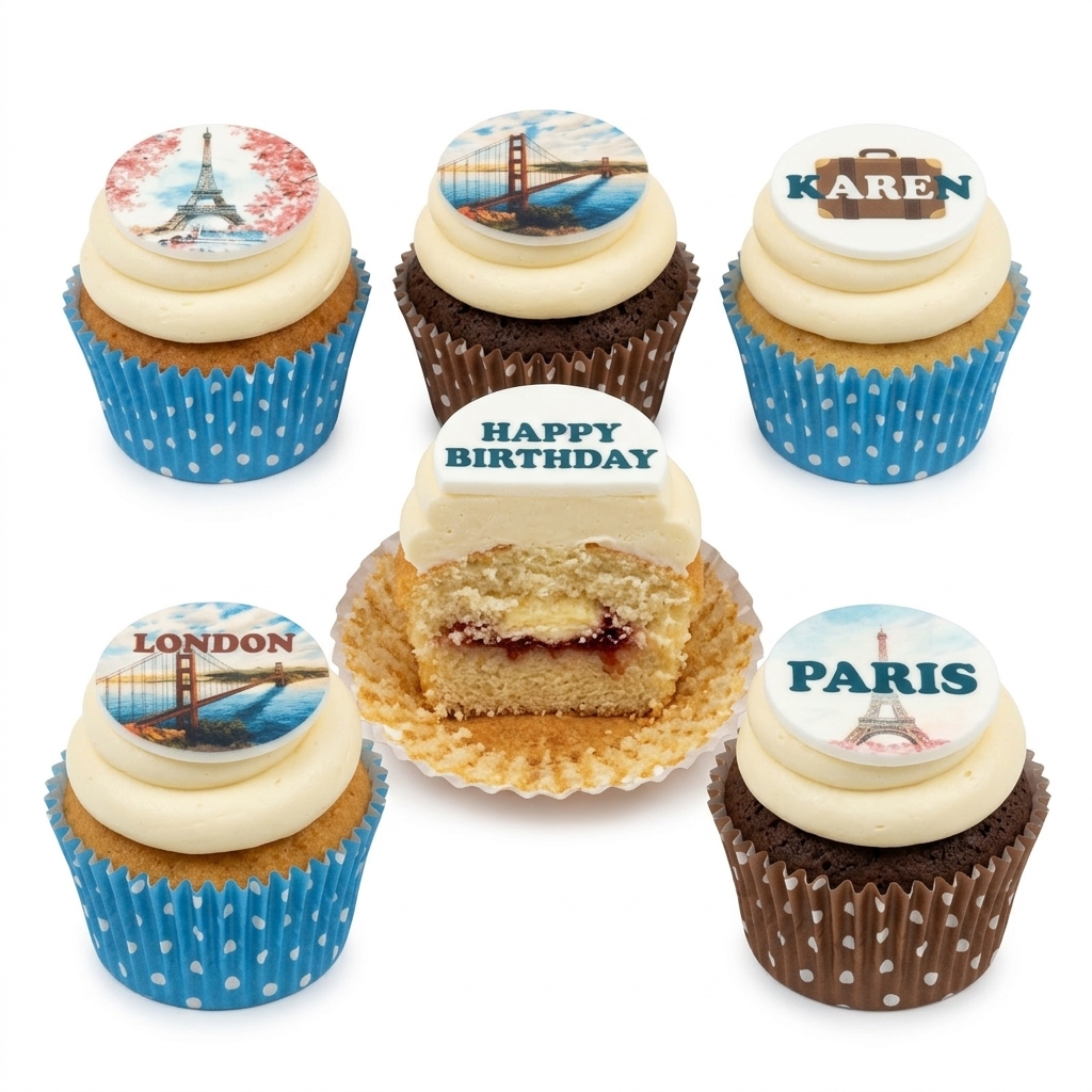 Travel Theme Birthday Cupcakes with Custom Toppers