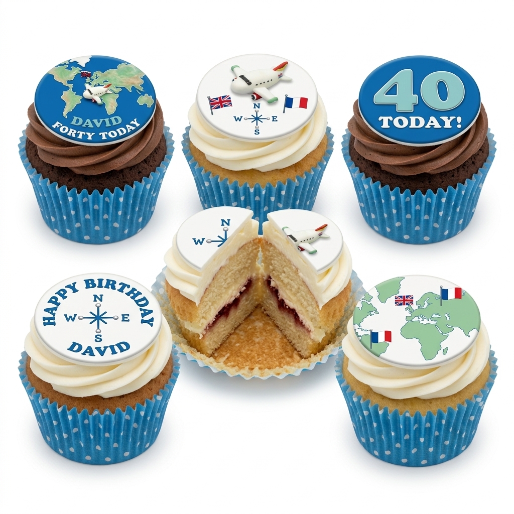 Travel Theme Birthday Cupcakes with Custom Age Toppers
